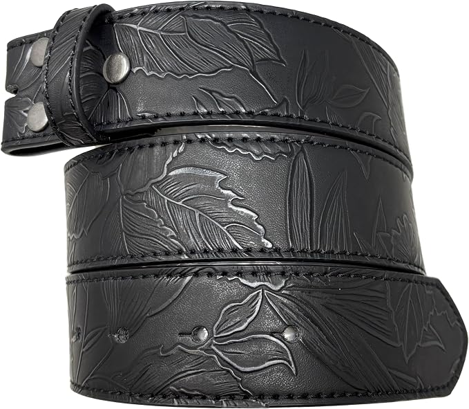 BC Belts Leather Belt Strap with Flower and Leaf Embossed Pattern 1.5" Wide with Snaps - Floral Vintage Style - skull wallet