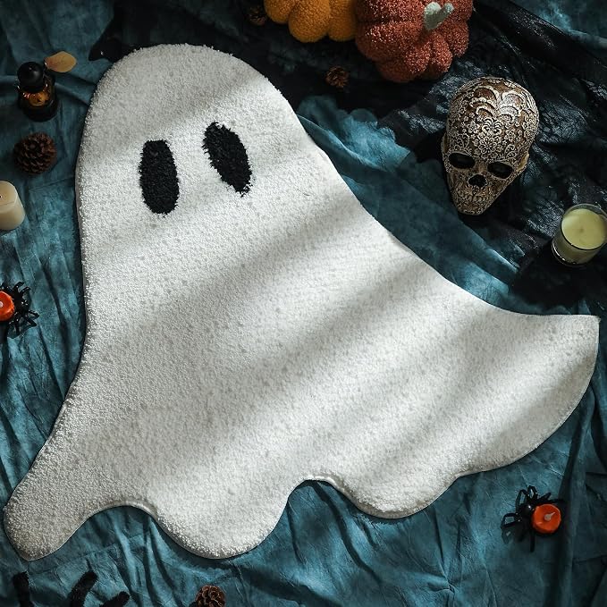 YRXRUS Halloween Ghost Bathroom Rugs, Ultra Soft Ghost Shaped Bath Mat, Machine Washable White Bath Tub Living Bedroom Kids for Halloween Room Decor 20x24 inch - skull toilet mat