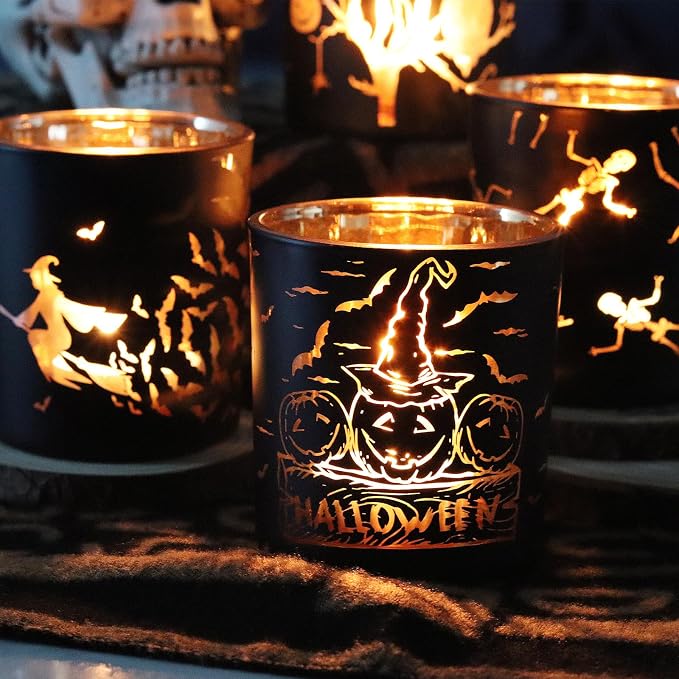 SHMILMH Halloween Glass Candle Holders Set of 4, Votive Tealight Holder Candle Jar for Making Candle, Halloween Office Kitchen Mantel Table Centerpiece Decoration - skull candle