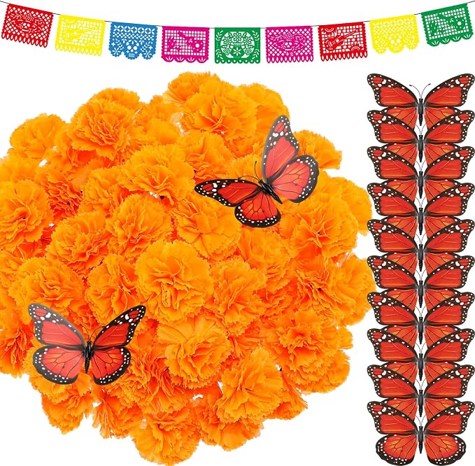 121 Pcs Day of Dead Decor Marigold Monarch Butterfly, Orange - skull carpet