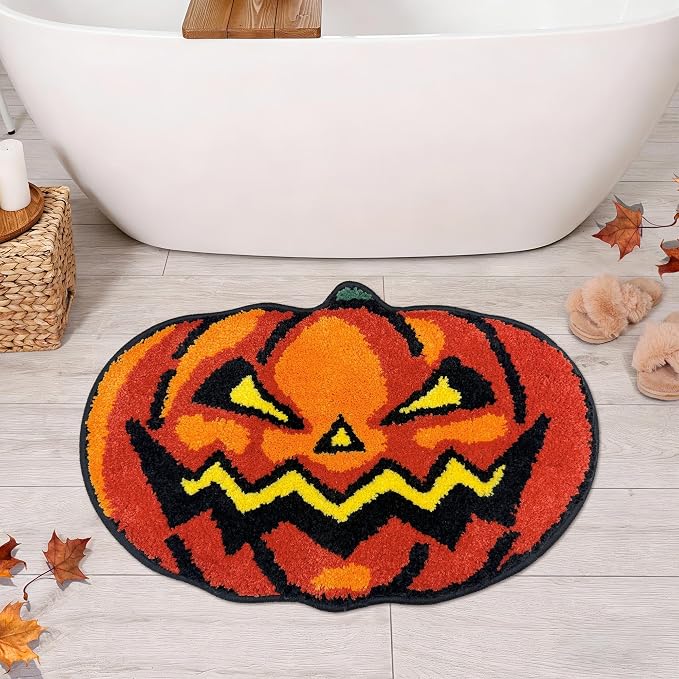 Halloween Bathroom Rug, Halloween Bathroom Decor, Pumpkin Rugs - skull toilet mat