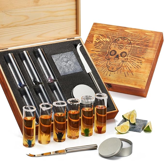 Tequila Gift Box Shot Glass & Salt Gift Set for Men & Women | Six Agave Shot Glasses, Knife For Limes, One Skull Coaster, One Salt Tin | Skeleton Sugar Skull Wooden Box Wood Package For Tequila Lovers - skull coaster