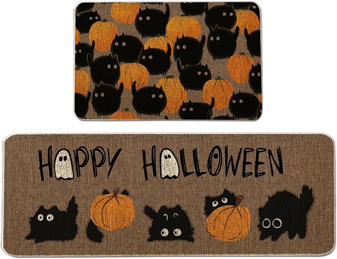 Halloween Kitchen Mat Set of 2, Black Cat Pumpkins Kitchen Rug, Halloween Farmhouse Party Floor Mat for Home Kitchen Decorations - 17x27 and 17x47 Inch - skull floor mat
