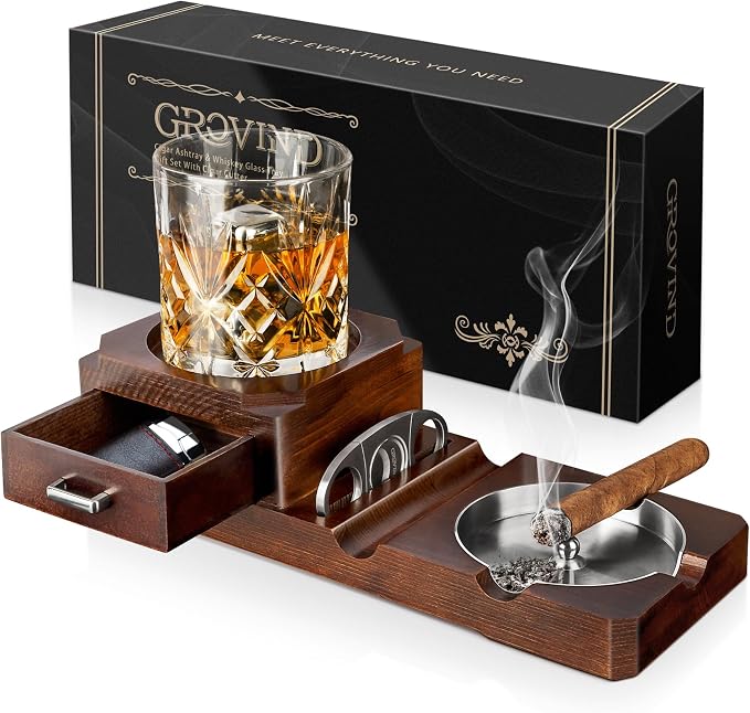 Cigar Ashtrays, Whiskey Glass Tray and Wooden Ash Tray Detachable Outdoor Ashtray for Cigarettes, Gift Set with Cigar Cutter, Great Decor for Home Office Gifts for Men - skull ashtray