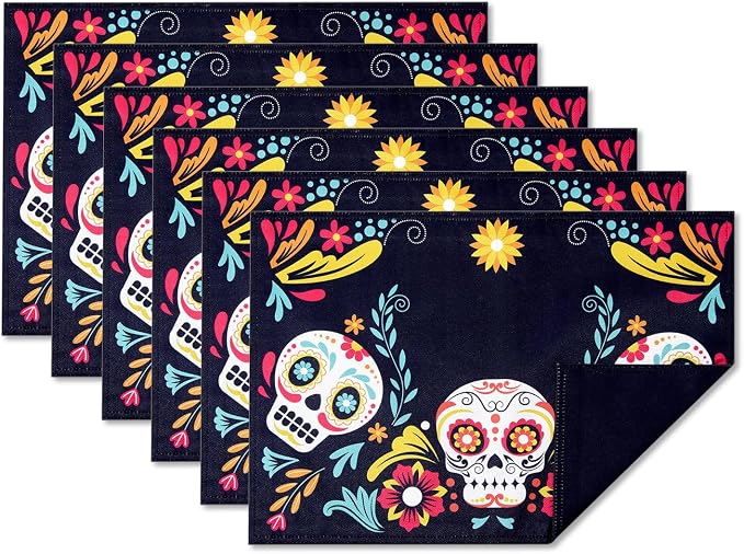 Day of The Dead Halloween Tabletop - Dia De Los Muertos Floral Skeleton Mask, Cinco De Mayo Mexican Fiesta Party Home Kitchen Dining Room Decor, Sugar Skull, Reversible Placemat Set, 13 x 19 - skull floor mat