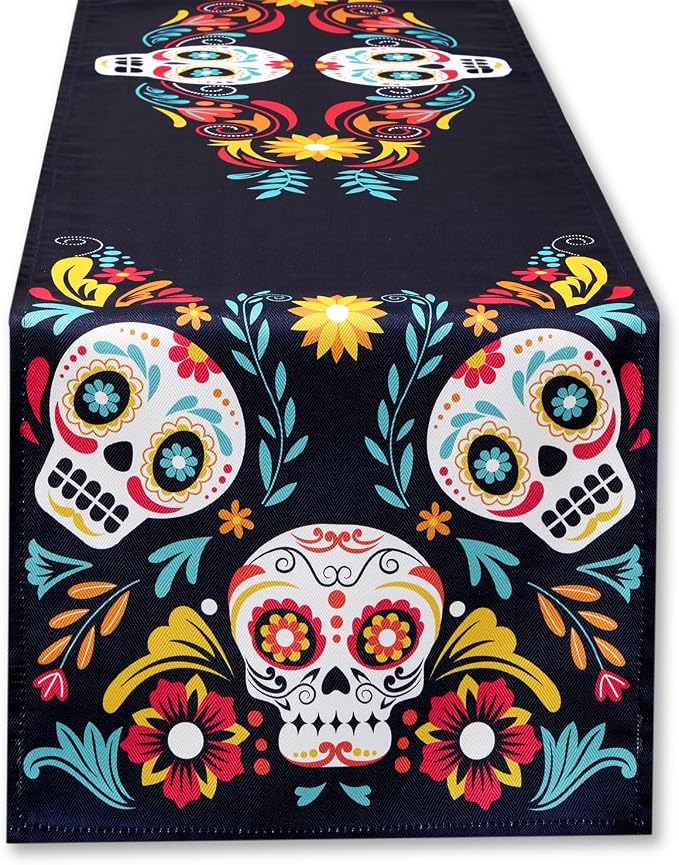 Day of The Dead Halloween Tabletop - Dia De Los Muertos Floral Skeleton Mask, Cinco De Mayo Mexican Fiesta Party Home Kitchen Dining Room Decor, Sugar Skull, Table Runner, 14 x 72 - skull toilet mat