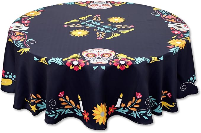 Day of The Dead Halloween Tabletop - Dia De Los Muertos Floral Skeleton Mask, Cinco De Mayo Mexican Fiesta Party Home Kitchen Dining Room Decor, Sugar Skull, Tablecloth, 70" Round - skull plate