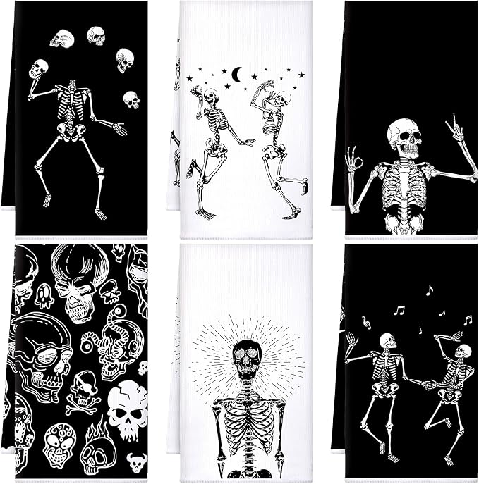 6 Pcs Halloween Gothic Hand Towels, Spooky Skeleton Kitchen Dish Towels - skull candle