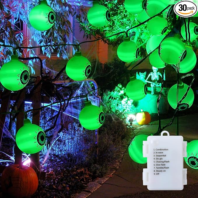 30 LED Halloween Eyeball String Lights- 16.4FT Battery Operated 8 Modes Flash Halloween String Lights for House, Garden, Yard, Window, Porch and Party Decor (Green)