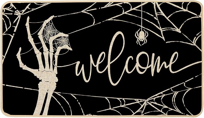 Halloween Skull Doormat Skeleton Spider Web Trick or Treat Black Doormat Fall Door Mat Welcome Anti-Slip Front Entrance Holiday Seasonal Decoration 17 x 29 Inch - skull door mat