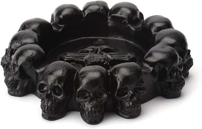 Resin Skull Ashtray Cigarette Ash Container Human Skull Ashtray with 4 Cigarette Slots Smoking Room Office Bar Ornament Halloween Decor Scary Fantasy Gifts for Smokers (Black)