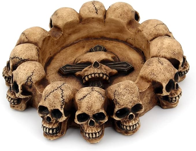 Resin Skull Ashtray Cigarette Ash Container Human Skull Ashtray with 4 Cigarette Slots Smoking Room Office Bar Ornament Halloween Decor Scary Fantasy Gifts for Smokers (Brown) - skull ashtray