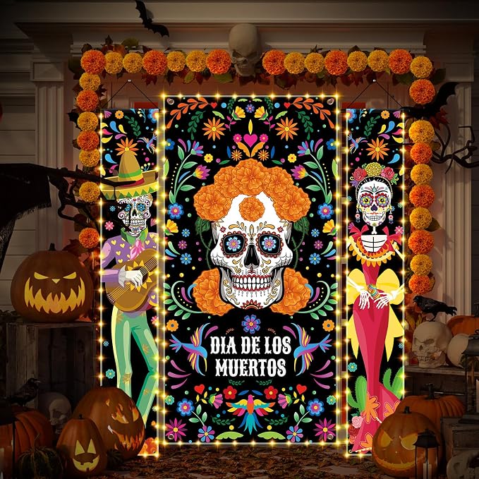 Preboun 3 Pcs Day of the Dead Door Banner Sugar Skull Marigold LED,Skull - skull wreath