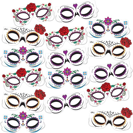 Beistle Day of The Dead Half Masks Pack of 16, Sugar Skull Face Coverings, Dia de los Muertos Costume Accessories, 7½-8 Inch Wearables, One Size Fits Most Adults, Halloween Celebration - skull headband
