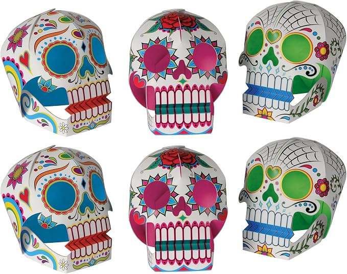 Beistle 6 Piece Three Dimensional Sugar Skull Day Of The Dead Centerpieces - Eye-Catching Dia De Los Muertos Party Decorations, Made In USA - skull plate
