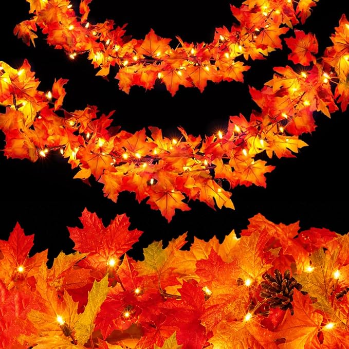 Fall Decorations for Home 9FT Fall Garland with Lights Plug in UL Listed 50 Orange Incandescent Bulbs, Connectable Fall Lights for Indoor Outdoor Halloween Harvest Thanksgivings Holiday Decorations - string light