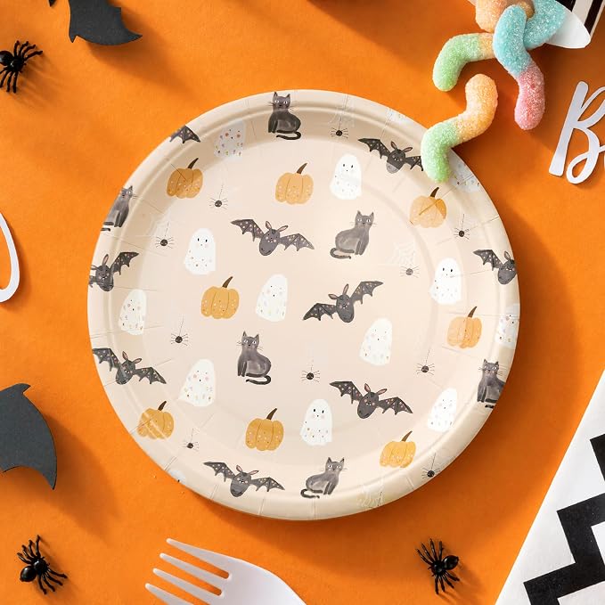 Cheerland Summerween Paper Plates Disposable Cute Pumpkin Bat Ghost Party Plates for Pastel Halloween Decoration Birthday and Spooky Summerween Party Decorations 7 Inch Pack of 24 - skull plate
