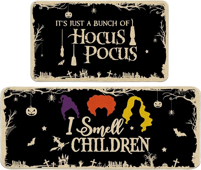 Halloween Kitchen Mat, I Smell Children Kitchen Rugs Set of 2 - Witches Halloween Kitchen Decor for Floor 17"x27+17"x47" - skull carpet