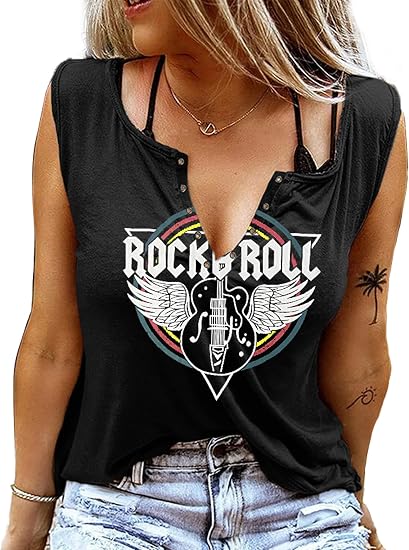 Rock and Roll Tank Tops Guitar Wings Concert Vintage Country Music Retro Graphic V-Neck Sexy Summer Sleeveless for Women - skull tank tops
