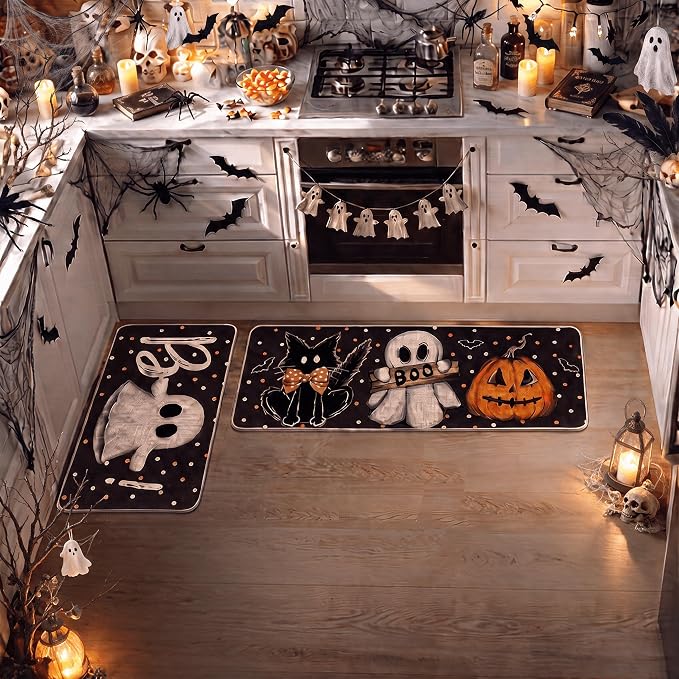 Artoid Mode Black Cats Boo Halloween Kitchen Mats Set of 2-17x29+17x47 - skull carpet