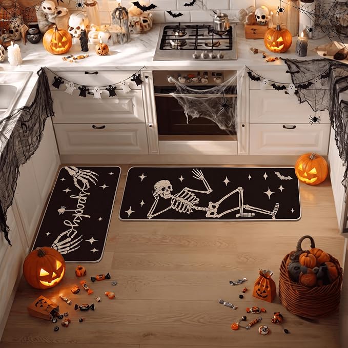 Artoid Mode Spooky Skeleton Spider Bone Black Halloween Kitchen Mats Set of 2, Black Home Decor Low-Profile Kitchen Rugs for Floor - 17x29 and 17x47 Inch - skull floor mat