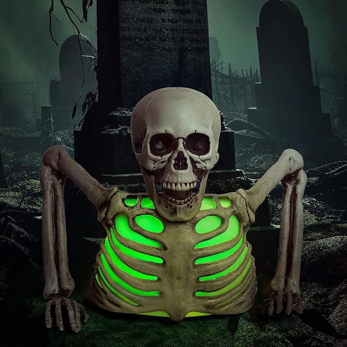 Halloween Decoration Skeleton, 7-Color Light-Up Groundbreaker Skeleton Coming Out of Ground, Scary Indoor Outdoor Halloween Prop for Yard, Lawn, Patio & Haunted House - skeleton