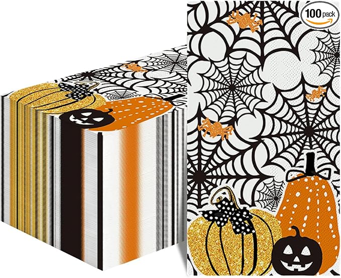 Horaldaily 100Pcs Halloween Paper Napkins, Scary Themed Cobweb Pumpkins - skull toilet paper