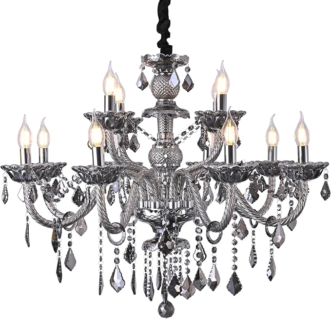 12‑Light Double‑Layer Smoky Gray K9 Crystal Chandelier, 31.5″ E12 Modern Luxury Pendant Light for Living Room, Stairway, Store, Bulbs Not Included