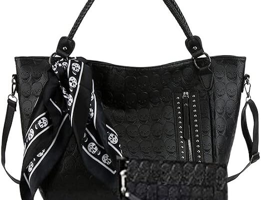 zuoge Women Skull Tote Bag Revit Studded Handbag Pu Leather Purse and Wallet Scarf 3Pcs Set