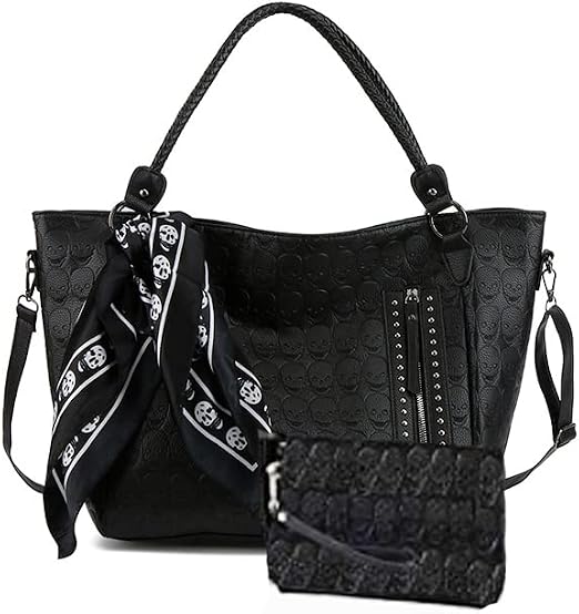 zuoge Women Skull Tote Bag Revit Studded Handbag Pu Leather Purse and Wallet Scarf 3Pcs Set