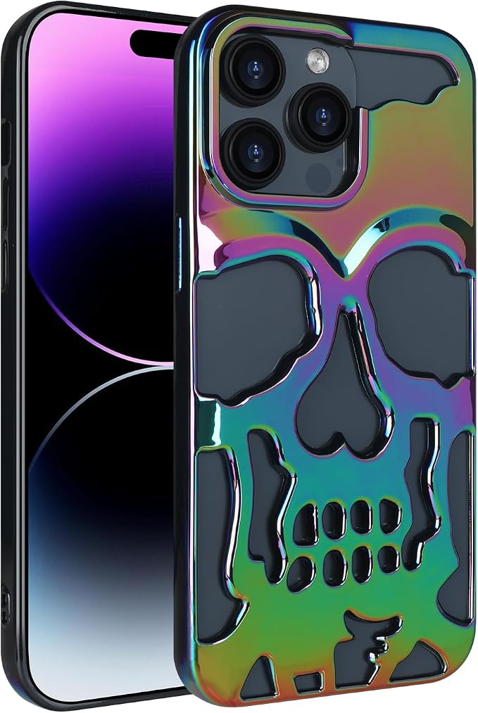 LUVI Compatible with iPhone 14 Pro Max Skull Hollow Case Electroplate Laser Glossy Cooling Heat Dissipation Fashion Cool Unique Halloween Horror Protection Shockproof Cover for Women Girls Man - Skull phone case