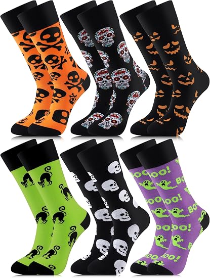 6 Pairs Halloween Socks Men Spooky Gifts Skeleton Ghost Basket Stuffers - sugar skull costume