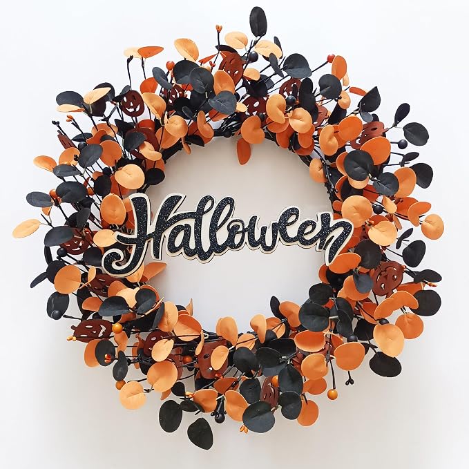 TOKCARE Halloween Wreath for Front Door with Pumpkins Berries and Wood Sign - skull wreath