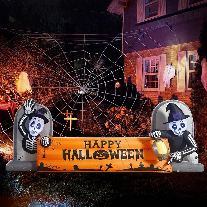 10FT Large Halloween Inflatable Decorations Skeleton Tombstone Banner, Build-in LED Lights Holiday Blow Up Yard Decoration for Halloween Holiday Party Outdoor，Garden Yard Lawn Decor - skull inflatable