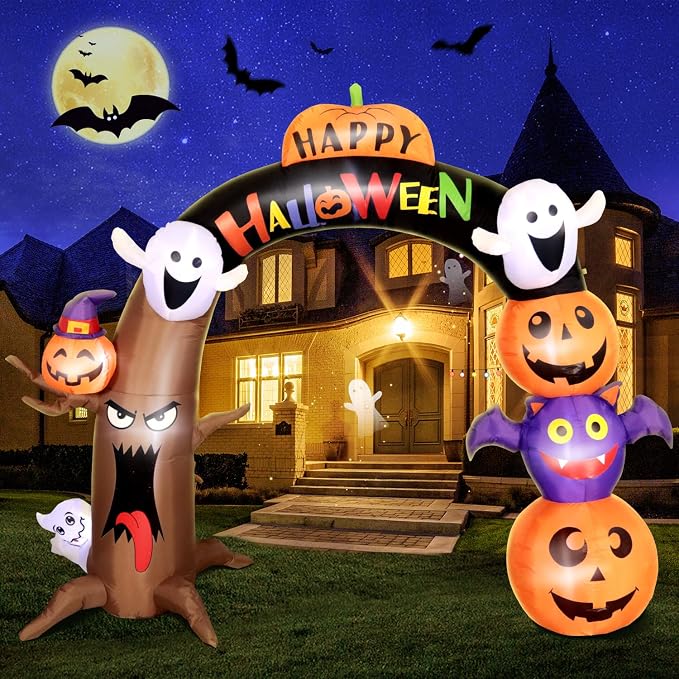 DomKom 10FT Long&8FT Tall Gaint Halloween Inflatable Decorations Dead Tree Arch,Build-in LED Lights Holiday Blow Up Yard Decoration for Party Outdoor，Garden Lawn Deco - skull inflatable
