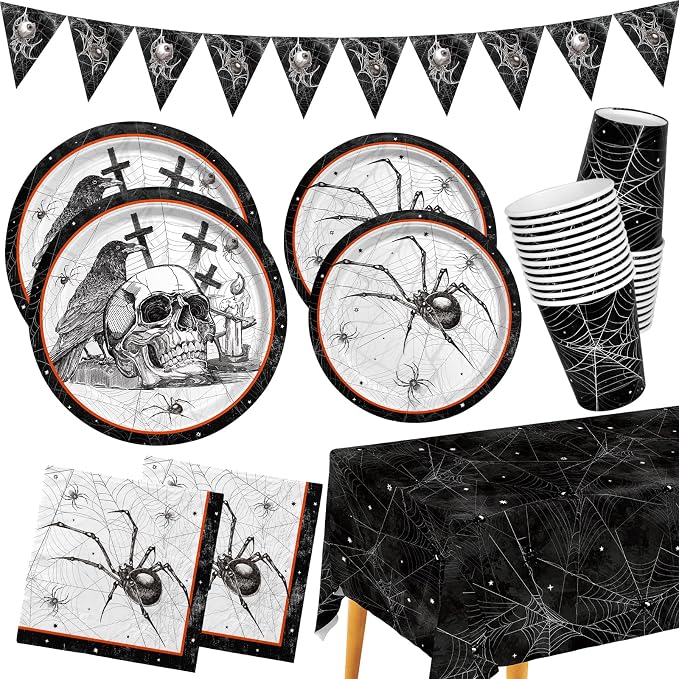 Spider Webs Halloween Party Supplies – Featuring Skull & Spider Themes, All-inclusive Wicked Web Paper Plates, Napkins, Cups, Tablecloth, and Banner. Ideal for Halloween Party Decorations, Serve 25 .