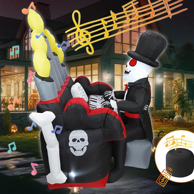 Bonus Bluetooth Speaker! 5.4×5.4FT Giant 3D Novelty Halloween Inflatable Skeleton Playing Piano with Build-in LED Lights and Bluetooth Speaker, Playing Music Remotely by Youself! Outdoor Indoor Decor