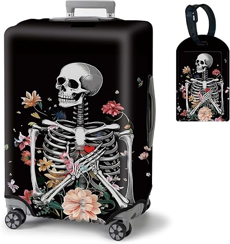 BVDIKMI Floral Skull Suitcase Cover Elastic Protective Dustproof Washable Travel Luggage Covers for Suitcase With Cute Baggage Tag (S, Fit 18-21 Inch Luggage) - skull suitcase
