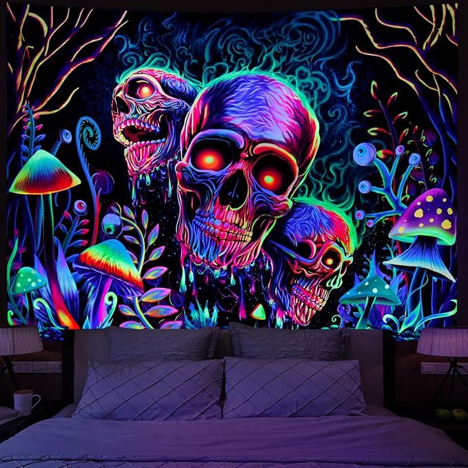 Amonercvita Blacklight Skull Tapestry Trippy Skeleton Wall Tapestries UV Reactive Neon Plants Trees Tapestries Aesthetic Galaxy Space Tapestry Wall Hanging for Bedroom Decor(W59.1×H78.7 inches) - string light