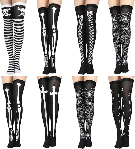 Geyoga 8 Pairs Halloween Thigh High Socks - sugar skull costume