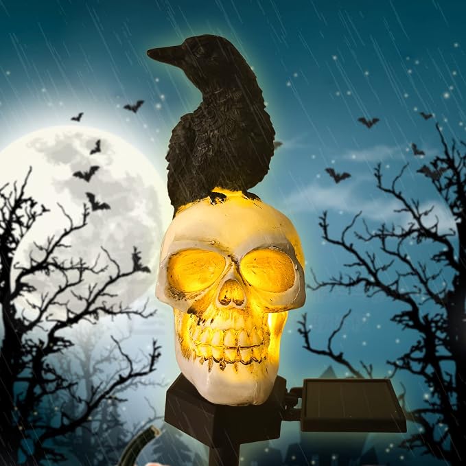 Halloween Skull Solar Garden Statue with Black Crow - skull figurine