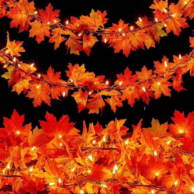 Meknow Fall Decor Fall Decorations for Home 9FT Plug in Fall Garland with Lights 50 Orange Bulbs Connectable Lighted Fall Garland Light for Indoor Outdoor Halloween Thanksgiving Harvest Decorations - string light