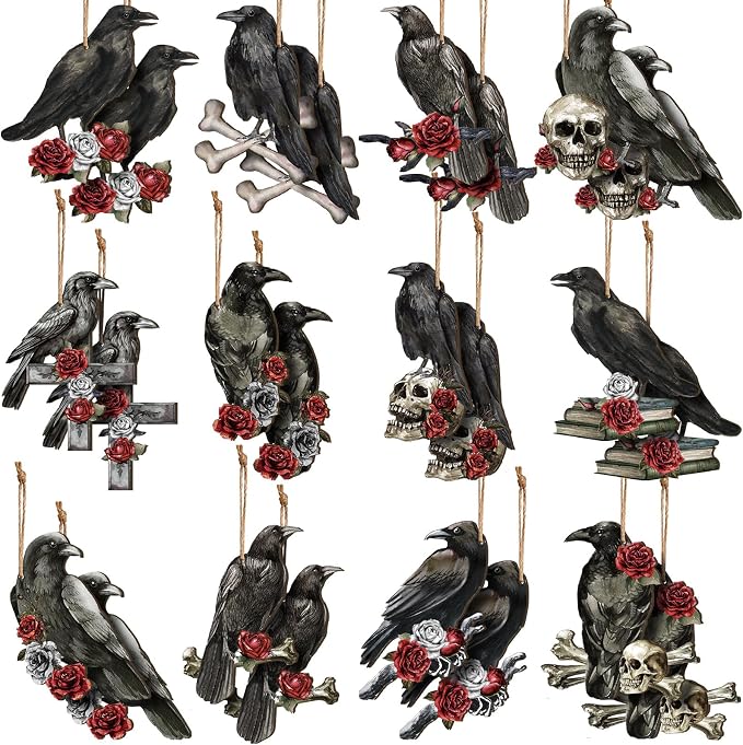 Bencailor 24 Pcs Halloween Crow Wooden Hanging Ornaments - sugar skull ornament