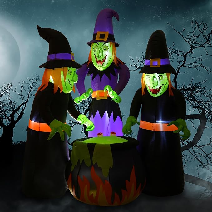 Double Couple 6FT Halloween Inflatables Outdoor Decorations,Three Witch Around Cauldron with Bulit-in Lights, Blow up Lighted Yard Lawn Home Family Decorations Outdoor Holiday Party Garden Decor - skull inflatable