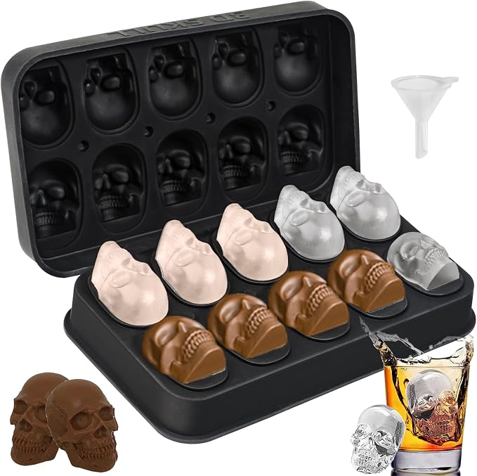 Webake Skull Ice Cube Mold 3D, 10-Cavity Skeleton Head Silicone Ice Mold with Lid and Funnel for Whiskey Cocktail Reusable for Halloween Plaster, Baking Chocolate, Candy, Pudding - skull ashtray