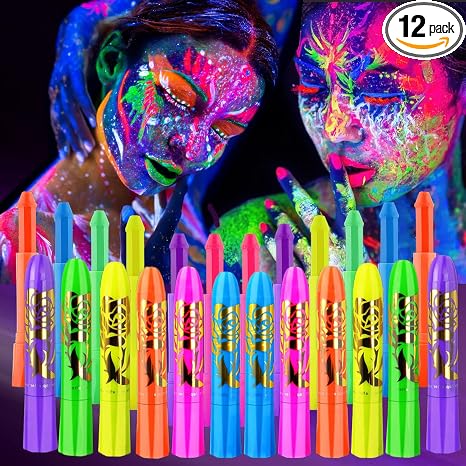12 PCS Glow Face Body Paint, Glow In The Dark Under UV Black Light Sticks Makeup Neon Face Painting Kits for Adult Halloween Festival Accessory Glow Party Supplies - skull painting