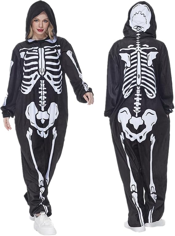 FantastCostumes Unisex Adult Skeleton Costume Halloween Plush Jumpsuit Double Sided Print One Piece Skull Pajamas with Hood - sugar skull makeup