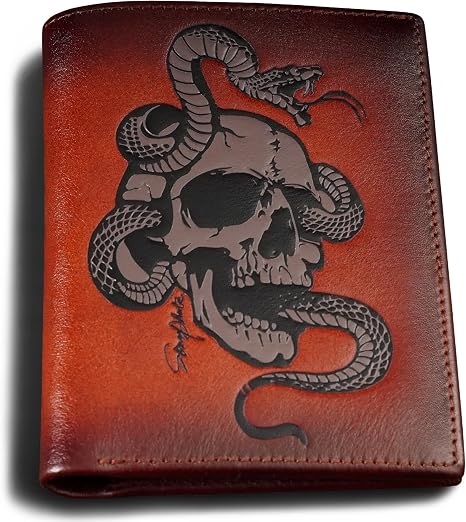 Cool Wallets For Men Bifold,Skull Mens Wallet Leather Vertical,RFID Blocking,Gifts for Him Husband and Boyfriend (Brown)