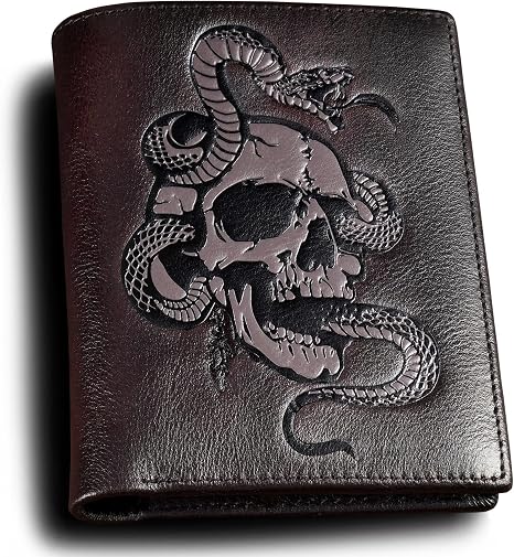 Cool Wallets For Men Bifold,Skull Mens Wallet Leather Vertical,RFID Blocking,Gifts for Him Husband and Boyfriend (Coffee)