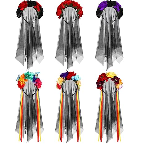 Zeyune 6 Pcs Day of Dead Mexican Flower Crown Headband with Black Veil - sugar skull makeup
